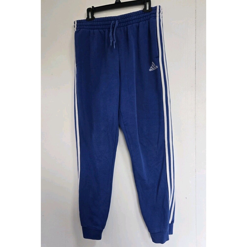 Adidas Pants Mens L Tall Blue French Terry Tapered Cuff Stripes HL2270 Athletic